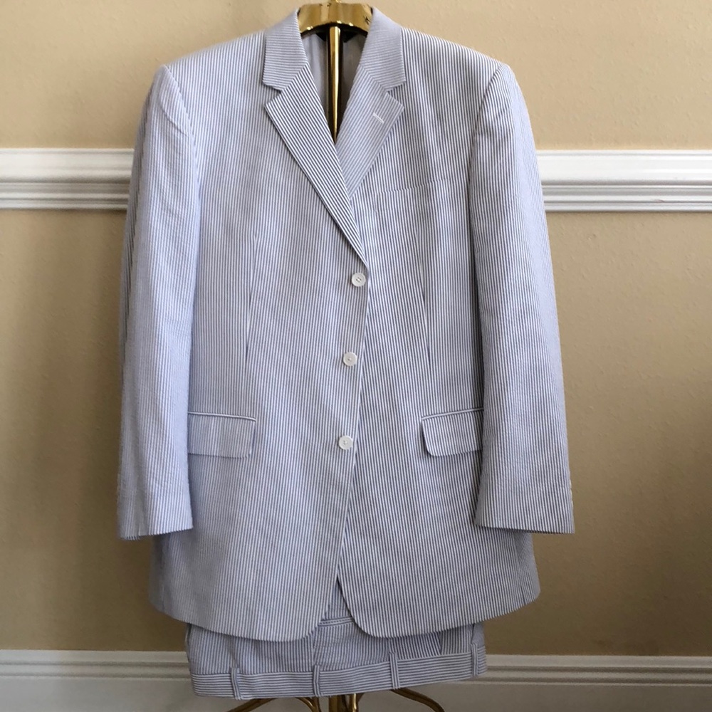 Men’s Seersucker Suit Jacket 46L w/ suit pants 41L